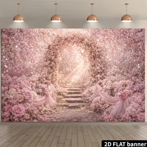 2D Flat Cherry Blossom Flower Stage Backdrop Pink Rose Chiffon Drapes Arch Theme with Sunlight Tyndall And Petal Decorations Durable Polyester Material No Power Required Suitable for Indoor Outdoor Photography Wedding Decor Wall Decoration