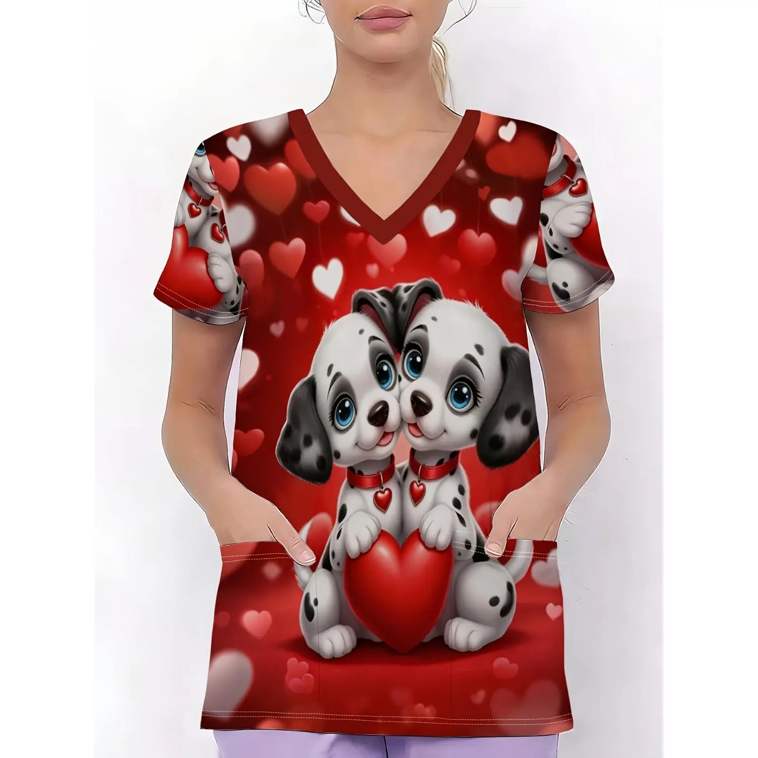 Professional Women's Nursing Uniform with V-Neck, Breathable and Skin-Friendly Fabric, Featuring Two Cute Dalmatian Dogs Cuddling with a Red Heart Amidst Red and White Heart Patterns