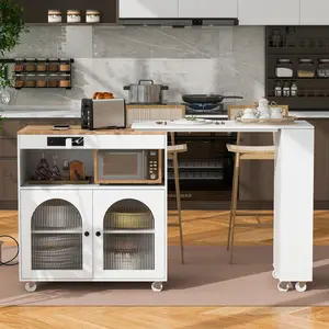 Modern Extendable Kitchen Island - Wheeled Cart with USB Outlets, Ambient LED Lighting & Fluted Glass Cabinets, White Storage Solution for Apartments