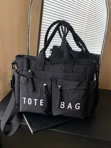 Women's Letter Decorated Multi-Pocket Tote Bag, Multiple Compartments Organizer, Trendy Commuting Bag, Daily Commuter Bag, Casual Commuter Shoulder Crossbody Bag, Adjustable Crossbody Bag, Cross Body Bags