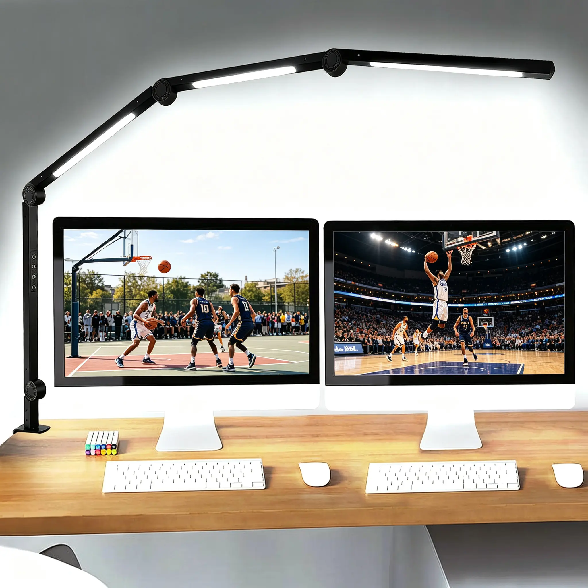 KEYDOORS 15W 741LM 4-Joint Swing Arm Clip-On LED Desk Lamp, 3500K-6000K Color Temperature, 5 Brightness Levels, Memory Function, Anti-Glare Eye-Friendly Light for Dual Monitor Workspace