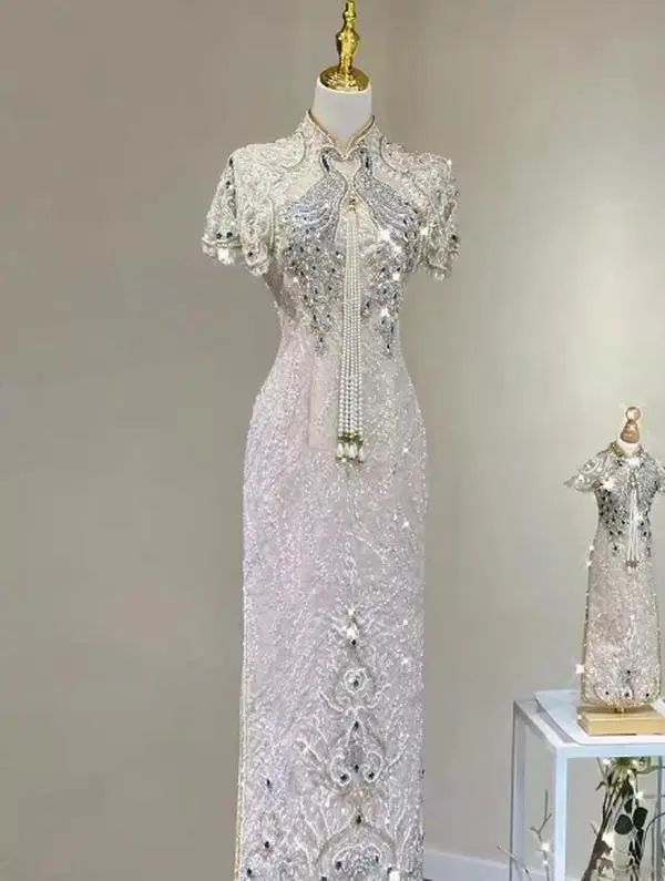 BRAND NEW : Cheongsam toast dress bride high-end heavy industry young engagement dress wedding appreciation dinner dress champagne color Dresse Comfort Dresse Gowns Floral Women Underwear Womenswear Elegant Formal Shortsleeve Bridal Evening Fit Cap Chic