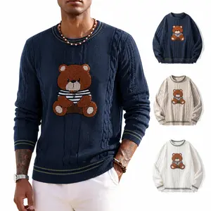 Men's Stylish Cable Knit Sweater with a Fuzzy Teddy Bear Patch, Long Sleeve Loose Fit Pullover for Casual Streetwear