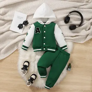 Ready Stock 6m-3y Boys' Long Sleeve Star Patterned Patchwork Baseball Jacket with Hood, Warm Thick Sweatshirt and Pants 2Pcs Casual Sporty Style Outfit 42408023