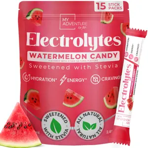 My Adventure to Fit Watermelon Candy Electrolytes Powder Stick Pack - Zero Sugar - No Artificial Flavors, Colors or Sweeteners - 30 Sticks - 2-8X More Potassium - No Salty Taste - Refreshing Hydration - Caffeine Free Energy - Vegan, Keto & Paleo