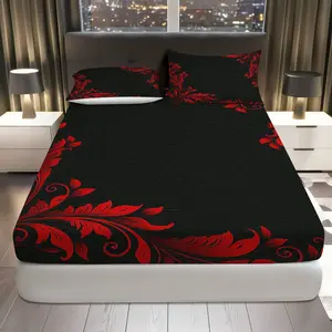 3Pcs Red Black Floral Fitted Sheet Three Piece Set (1*Fitted Sheet+2*Pillowcases, Coreless), Gothic theme, Luxury Elegant Bedding Set, Mattress protector Soft, Breathable, Breathable Fabric