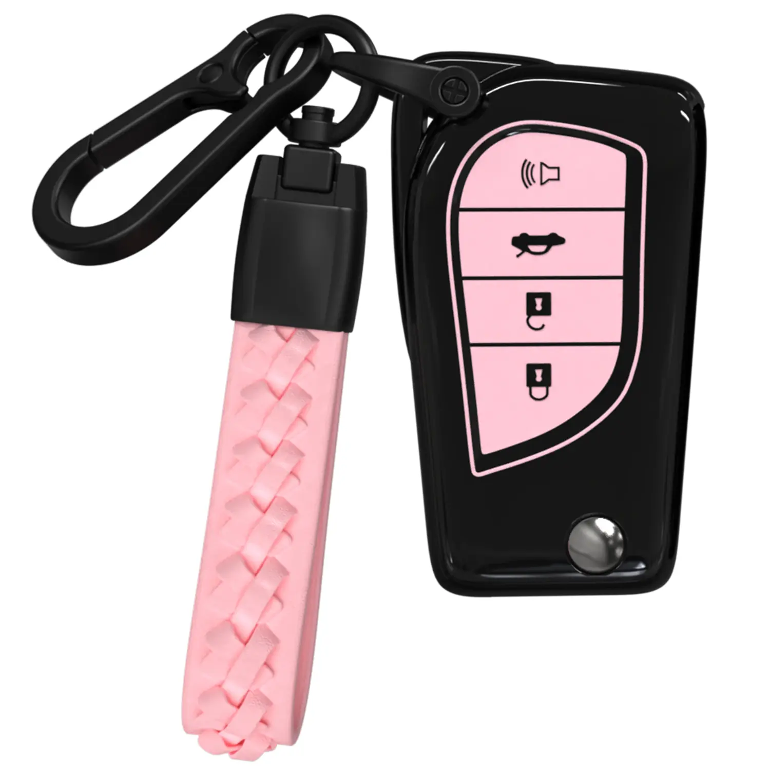 ACEBOY for Toyota Key Fob Cover, Soft TPU Key Case with Keychain for Fortuner Tundra Camry RAV4 Corolla C-HR Highlander Key Shell (Black/Pink,4 Buttons)