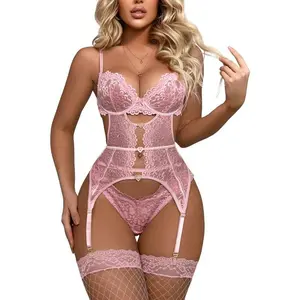 Lady's Sheer Underwire Lingerie Set - Floral Lace Bra, Thongs, Chemise, Bodysuit, Babydolls, Garter, Fishnet Stockings, Tights for Sports & Outdoor Protective Clothes