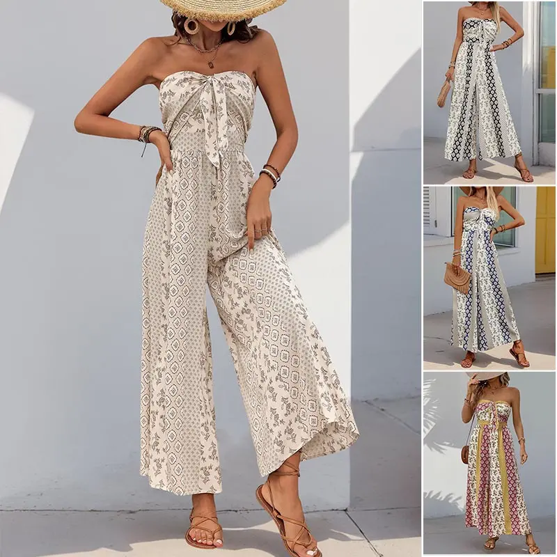 Bohemian Strapless Tube Top Jumpsuit, Vintage Paisley Print High‑waist Wide Leg Pants for Beach Holiday Womenswear Fashion