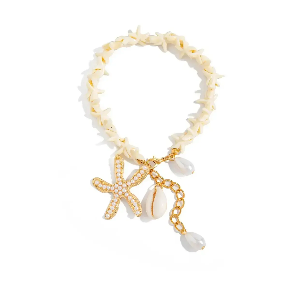 Boho Starfish Beaded Anklet With Shell & Pearl Charms, Coastal Ocean Y2K Foot Jewelry, Lightweight Adjustable Summer Ankle Bracelet For Beach Vacation Music Festival Daily Casual Cowgirl Styling