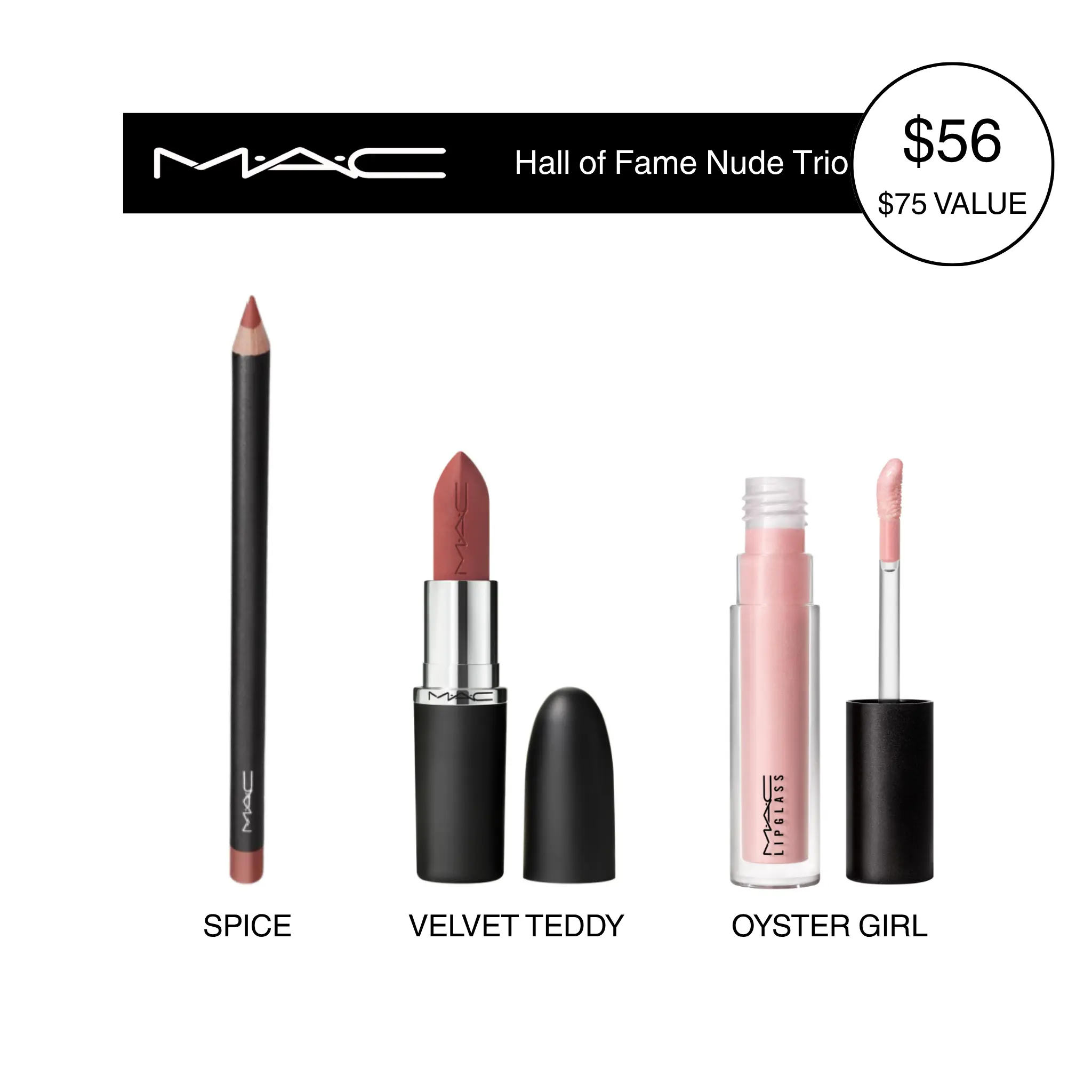 MAC Hall of Fame Nude Trio | Lip Set with 12HR Matte Lipstick | Precision Lip Pencil & Glass-Shine Lipgloss, 3-piece