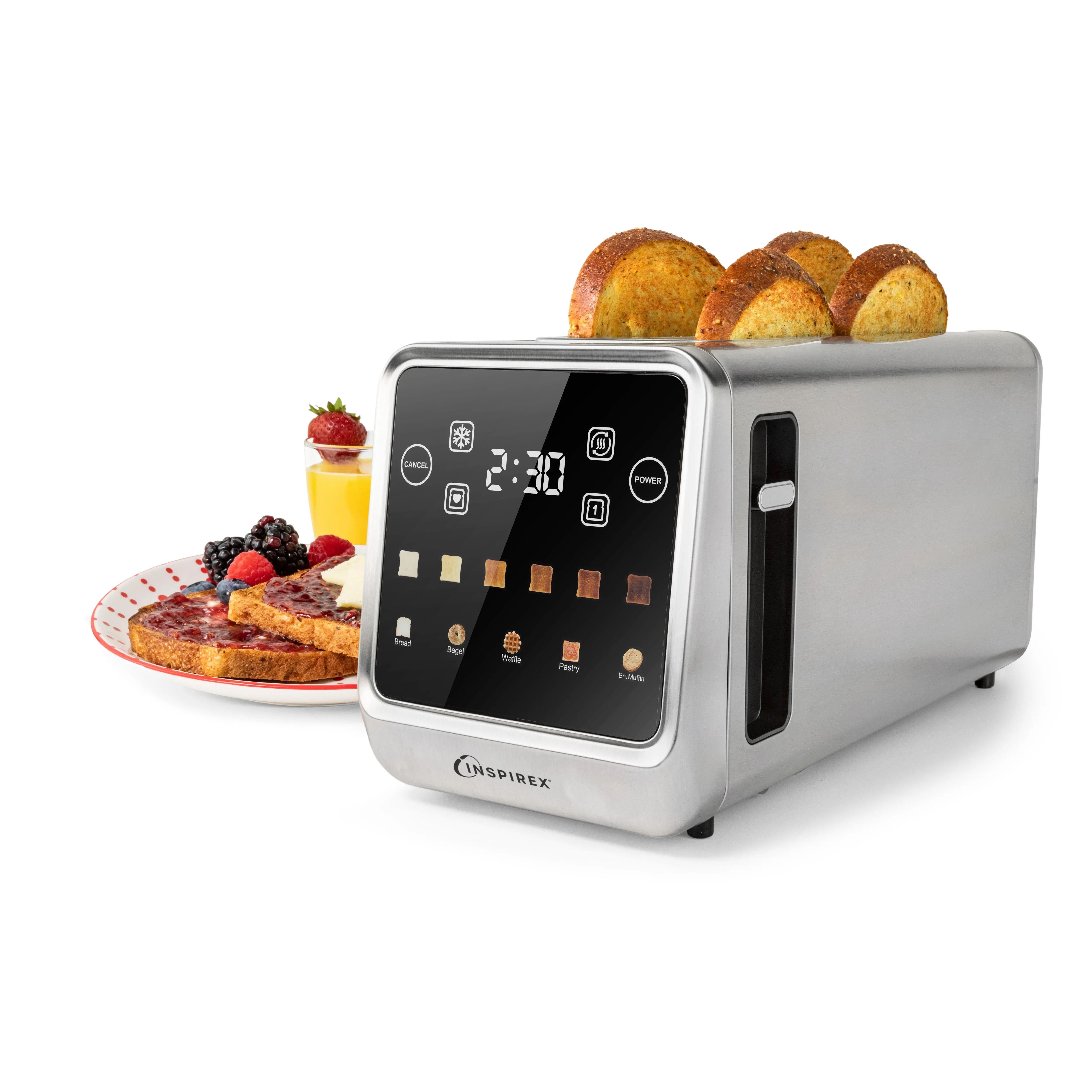 Inspirex 4-Slice Touchscreen Bread Toaster - Ergonomic, Stylish Household Appliance with 6 Browning Levels, Even Browning, Defrost Mode, Memory Setting, 5 Bread Types, Countdown Display, Corded Unit