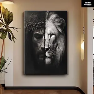 2D Flat, 2D Flat, 2D Flat 1pc 2D Flat Canvas Art Featuring a Lion And Christ'S Face, Suitable for Religious Home Decoration in Living Rooms Or Bedrooms, Designed in a Modern Farmhouse Style And Ready to Be Hung