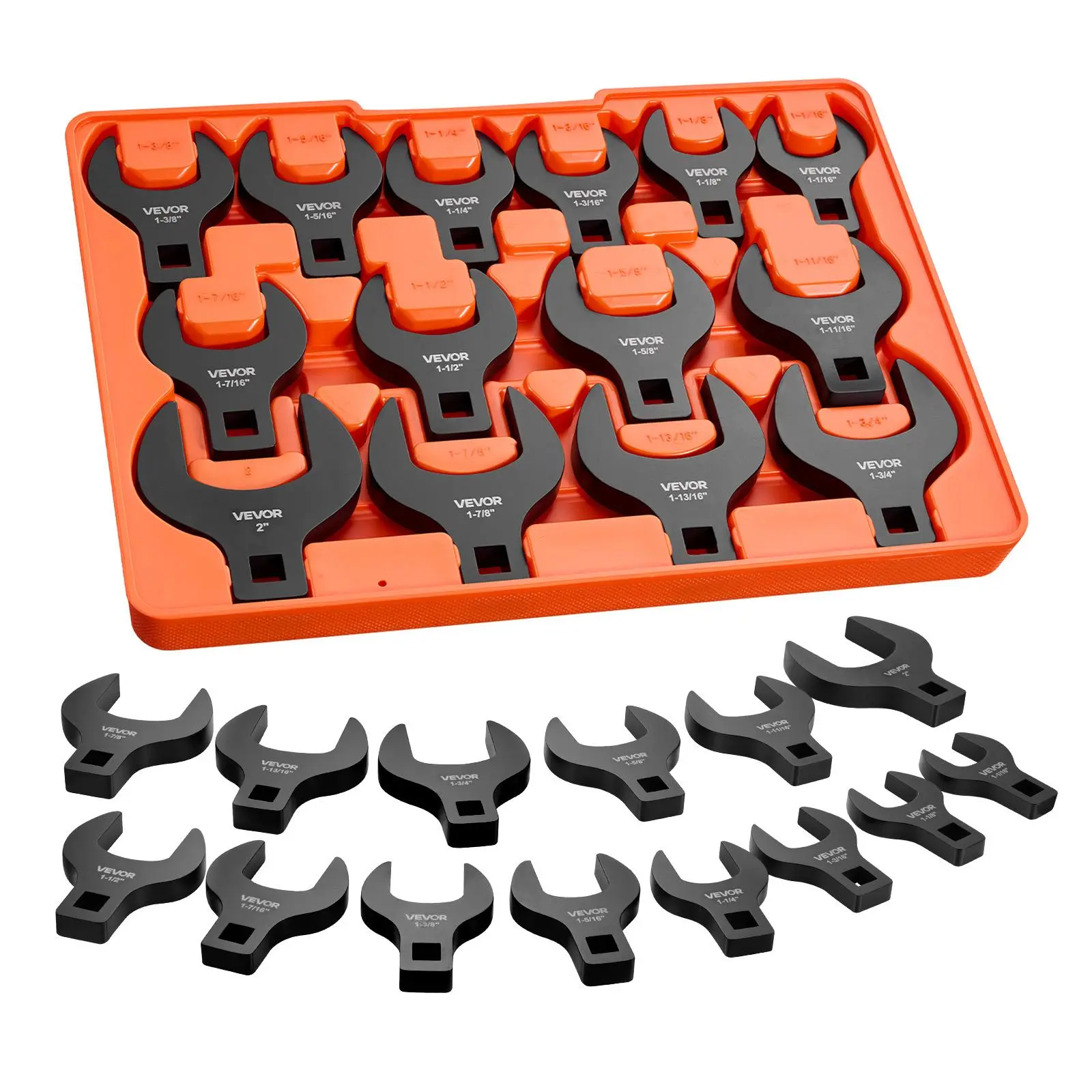 【Summerfinds】VEVOR 14-Piece 1/2" Drive SAE Crowfoot Wrench Set, SAE Sizes 1-1/16" to 2", Ratchet Fit, 3-Point Grip, Dual Size Markings, Included Storage Tray, for Mechanics, Auto Repair Tools