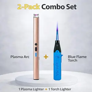 2pcs Combo Lighters Set - USB Rechargeable Plasma Arc Lighter + Windproof Jet Torch Lighter, Safety Lock, for Candles, Bbq, Camping & Gifts (Butane-free)