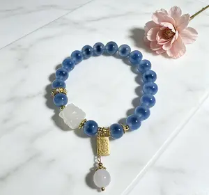 Natural Blue Crystal Bracelet with Fox Charm, Handmade Healing Gemstone Bangle, Spiritual Energy Jewelry for Daily Wear, Yoga, Dating & Relaxing Time, Delicate Gold Accent Wrist Gift
