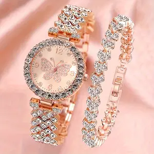 2pcs/set Elegant Butterfly Quartz Watch Luxury Fashion Stainless Steel Band Wrist Watch & Bracelet, Gifts For Women Her