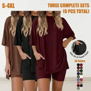 Women's 2 Piece Lounge Sets Relaxed Fit Pajamas Short Sleeve Top & Biker Shorts S-4XL (1 or 3 Sets)
