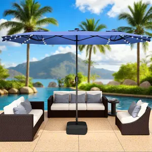 LEVELEVEL 15FT Large Double-Sided Heavy Duty Outdoor Shade Canopy Patio Umbrella - Adjustable Shade, All-Weather UV Protection, Solar LED Lights, Sturdy Base for Garden, Poolside Gatherings