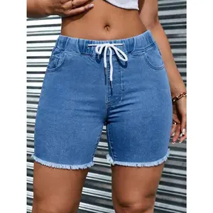 Solid Mid-Stretch Denim Bermuda Shorts, Frayed Hem Drawstring Elastic Waist Comfy Summer Beach Jean Shorts, Casual School & Daily Wear, Vacation Cowgirl Style, High Elasticity For All-Day Comfort