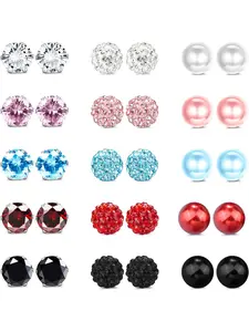 15 Pairs Stainless Steel Ball Stud Earrings Set For Women Cubic Zirconia Disco Ball Faux Pearl Stud Earrings Multicolor Stud Earrings 6MM Ear Studs