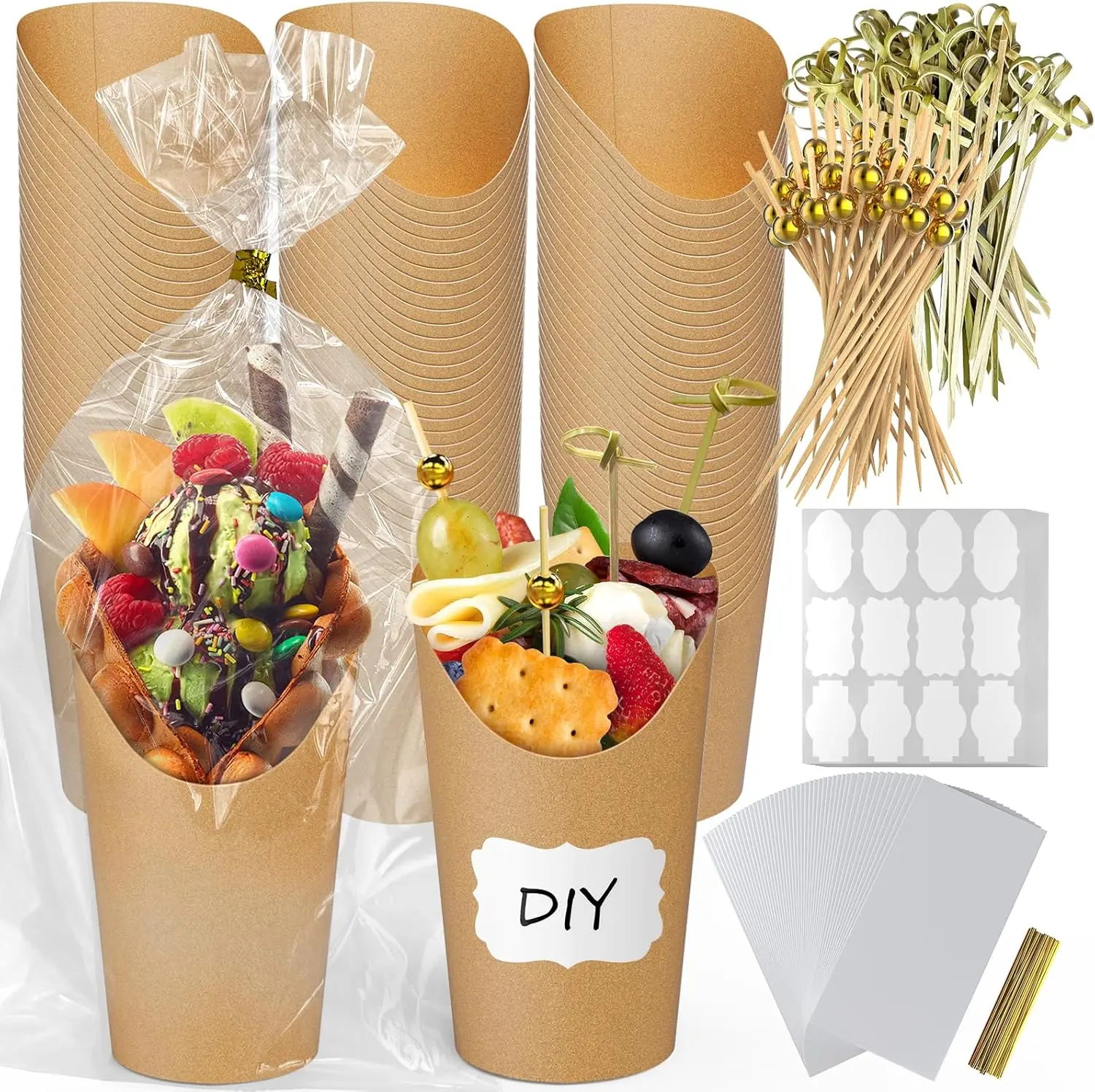 620Pcs Charcuterie Cups with Sticks Bags Set, 100 Pcs 12 oz Individual Disposable French Fry Holder, Paper Snack Appetizer Cups Kit with 100 Bags, 100 Ties, 120 Lables, 200 Cocktail Skewers Picks