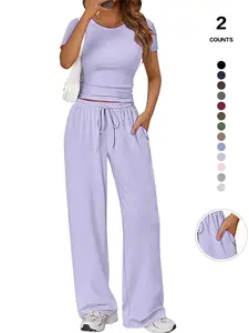 Sexy Ruched Waist Two Piece Set, Slim Fit Crop Top & High Waist Wide Leg Pants, Summer Y2K Streetwear, Lengthen Legs