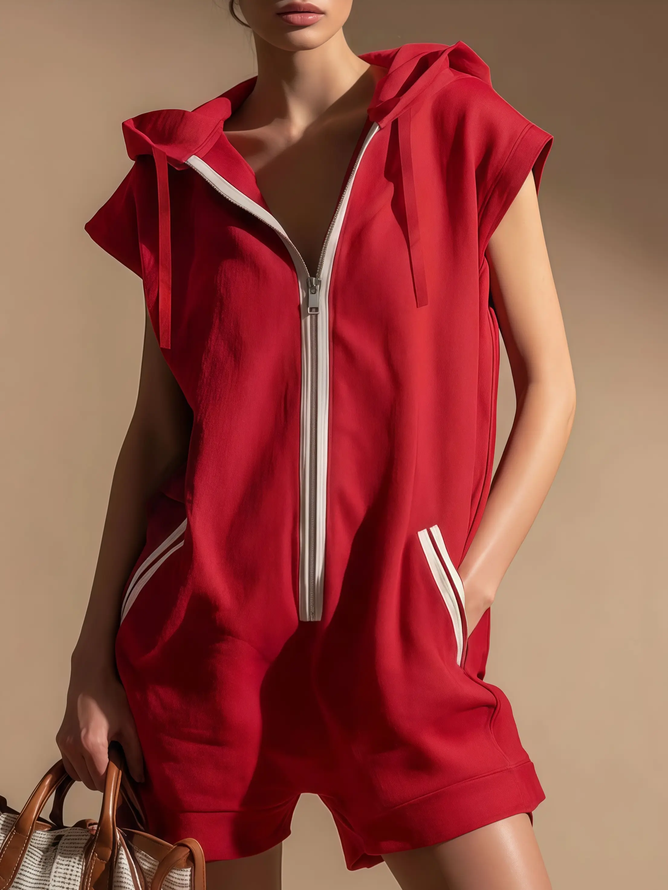 Women 2026 New Summer Casual Loose Color-blocked Pockets  Zip Front Hooded Sleeveless Short Jumpsuit Daily Romper