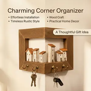 Vintage Wooden Wall Key Organizer with 4 Hooks, Wall Mounted Entryway Rack for Crafts Display & Home Storage, Corner Wall Shelf