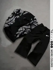 Men's Zipper Letter Graphic Jacket Set, Outdoor Windbreaker Parka Coat, Straight Leg Sport Pants, Fashion Streetwear