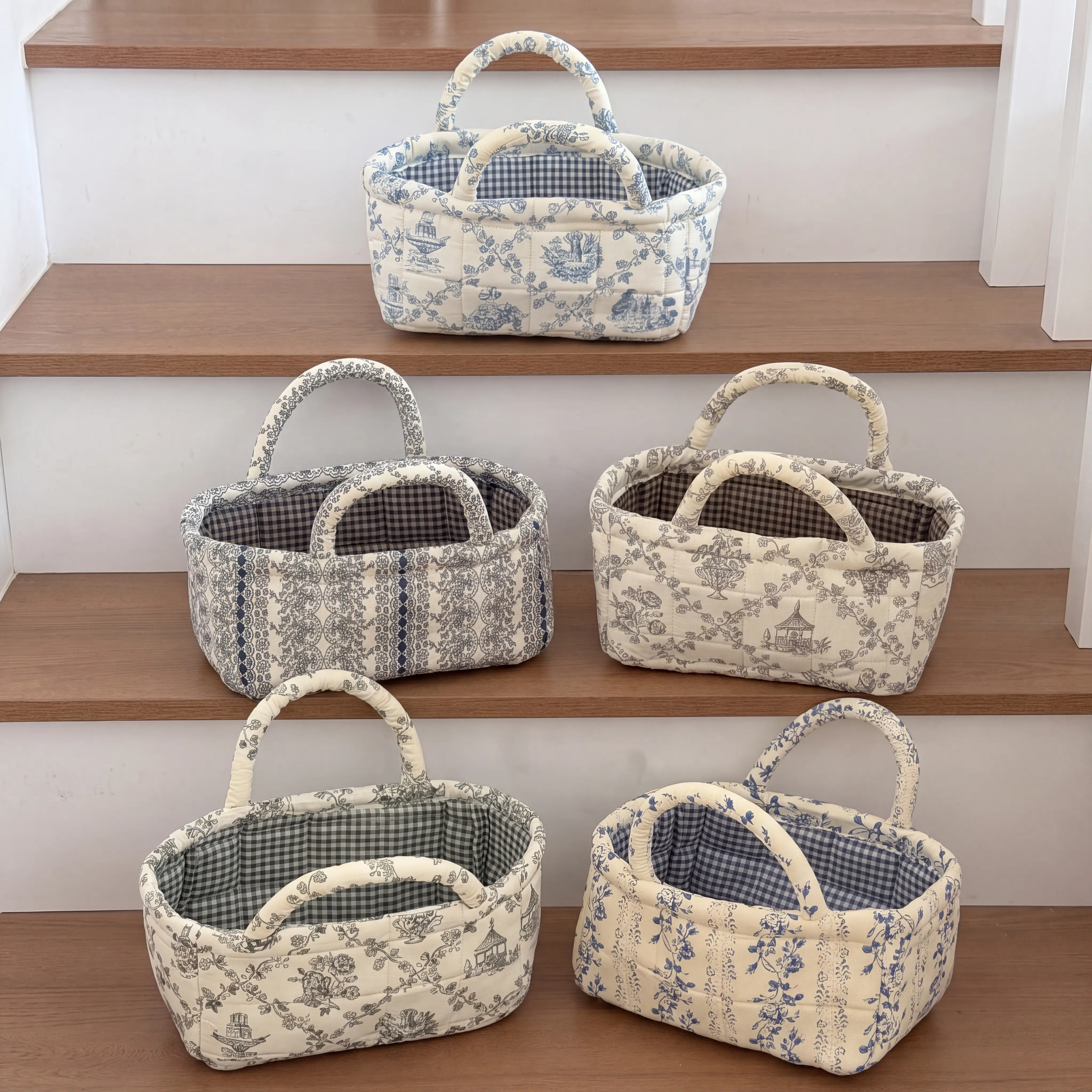 French-style vine print quilted storage basket — vintage, elegant carry-all multipurpose tote basket