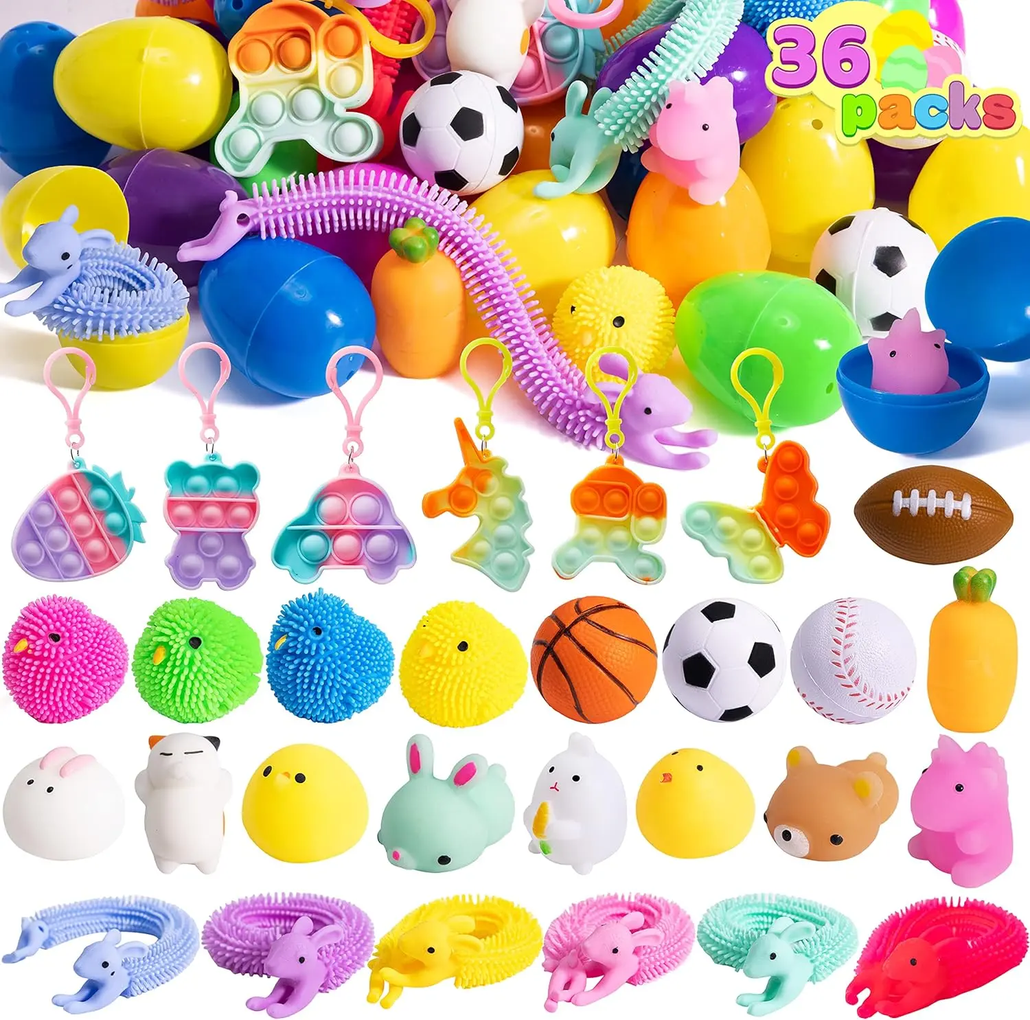 Halloween Fall Gift 36 PCS Prefilled Easter Eggs with Stress Relief Toys, Easter Toys for Egg Hunt, Basket Stuffers, Party Favors Supplies, Classroom Prize Supplies