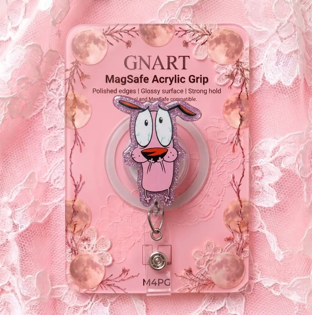 Funny Anxious Pink Dog Retractable Badge Reel, Cute Glitter Scared Puppy Alligator Clip for Scrubs, 90s Cartoon Nostalgia ID Holder Belt Clip, Nurse Gift