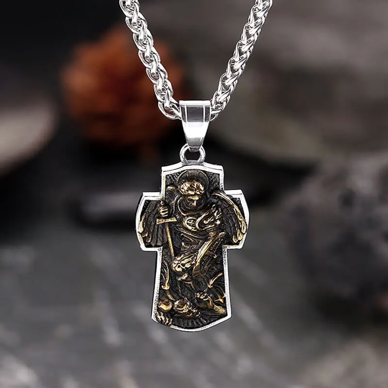 GTHIC Vintage Archangel Saint Michael Cross Stainless Steel Pendant for Men and Women Fashion Accessories Birthday Gifts