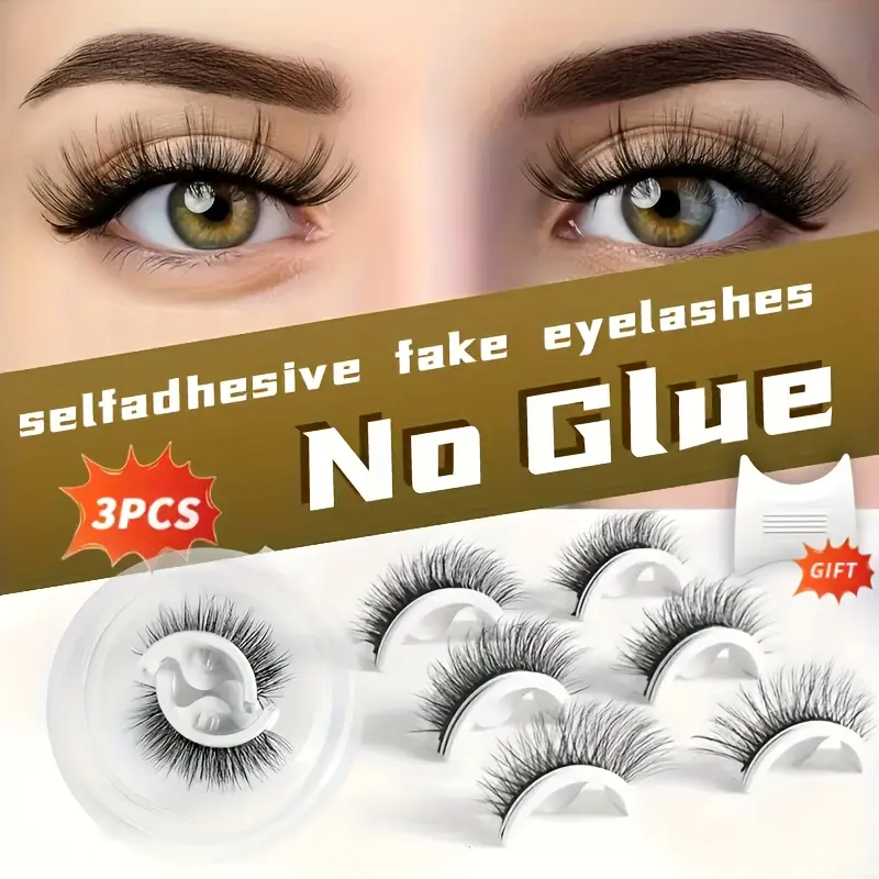 [3 Pairs] Self-Adhesive Glue-Free False Eyelash Clusters, 3D Fluffy Curly Dense Synthetic Fiber Lashes, Reusable Natural-Looking Fake Mink Cat Lashes, Ideal for Daily & Party Makeup, Perfect Gift for Girlfriends
