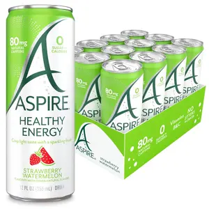 ASPIRE Healthy Energy Drink Strawberry Watermelon 12 Pack – Low Caffeine Sparkling Beverage, Zero Sugar, Zero Carbs, Keto Friendly Lifestyle Drink, 12oz Cans