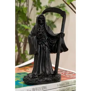 5.3" Holy Death Santa Muerte Holding Scythe in Black Tunic Robe Statue, Grim Reaper Statue,Altar Sculpture, Standing Religious Decorative Figurine