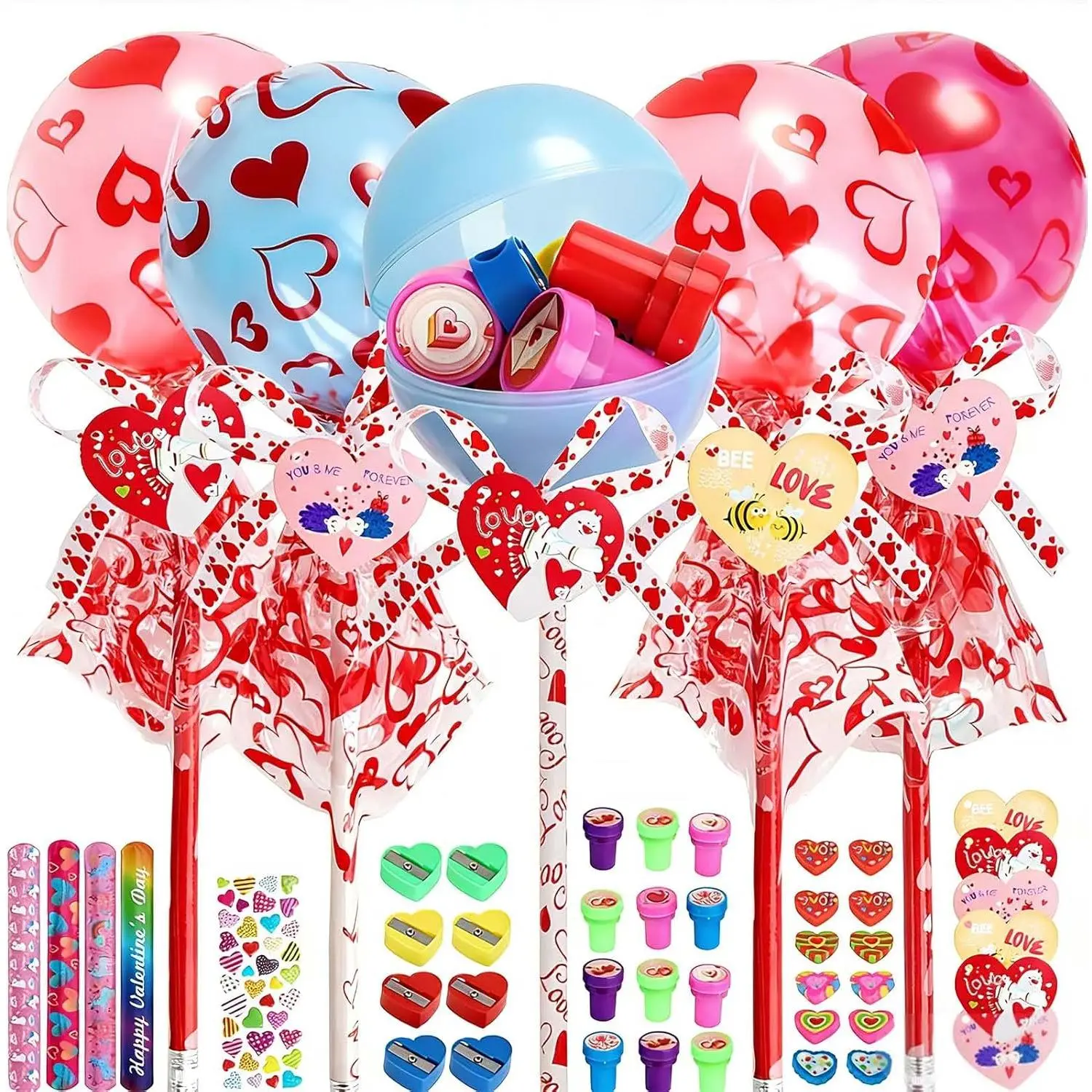 Colorful 24-Piece Giant Lollipop Valentine's Day Kids' Gift Set - Includes Cards, Wristbands, Pencils, Stickers, Erasers, Stamps, Pencil Sharpeners; Ideal for Classroom Exchange, School Party Gifting