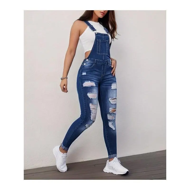 Women's Ripped Denim Fashion Casual Overalls - Lady's Sleeveless Slim Skinny Fit Vintage-Inspired Strappy Jumpsuit, Medium Blue Sports Outerwear Clothes, Overalls For Women