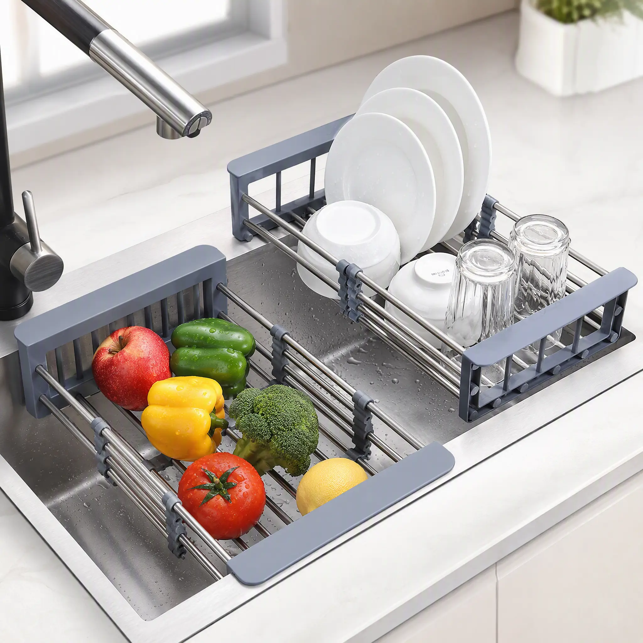 Stainless Steel Expandable Adjustable Over-Sink Dish Drying Racks, Vertical Storage Rack for Dishes, Plates, Utensils, Kitchen Counter Space-Saving Organizer