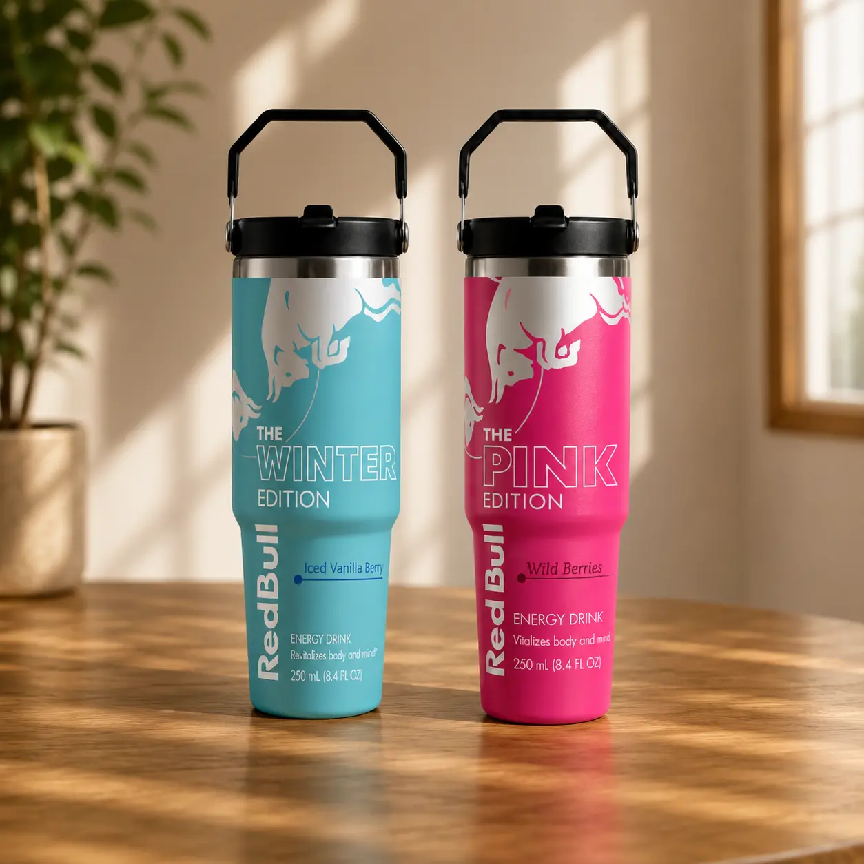 Red Bull Pink, Blue & White Edition 30oz Stainless Steel Tumbler With Handle and Straw | Stainless Steel Travel Cup | Gift for Energy Drink Fans