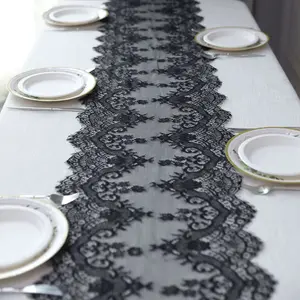 Premium Lace Fabric Table Runner 15"x117" Black with Scalloped Frill Edges - Vintage Classic Table Decor