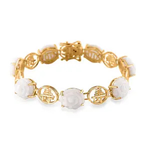Natural Jade Carved 40.35 ctw Floral Bracelet in 18K Vermeil Yellow Gold Over Sterling Silver 8.00 In Christmas Gifts