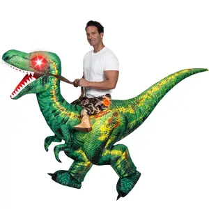 Spooktacular Creations Adult Inflatable Dinosaur Costume, Riding a Raptor, Printing T-rex Air Blow-ups with Light Eyes