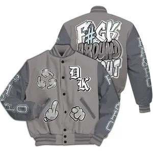 Fafo Graffiti Lettering Varsity Jacket Cartoon Gloved Middle Finger Hand Print Baseball Jacket Oversized Relaxed Fit Outerwear For Men Women Gen Z Street Style Sporty Casual Coat Top
