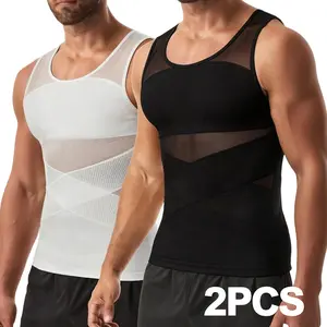 2PCS Men's Compression Shirt Tummy Control Body Shaper Vest Seamless Plus Size Gynecomastia Compression Tank Top