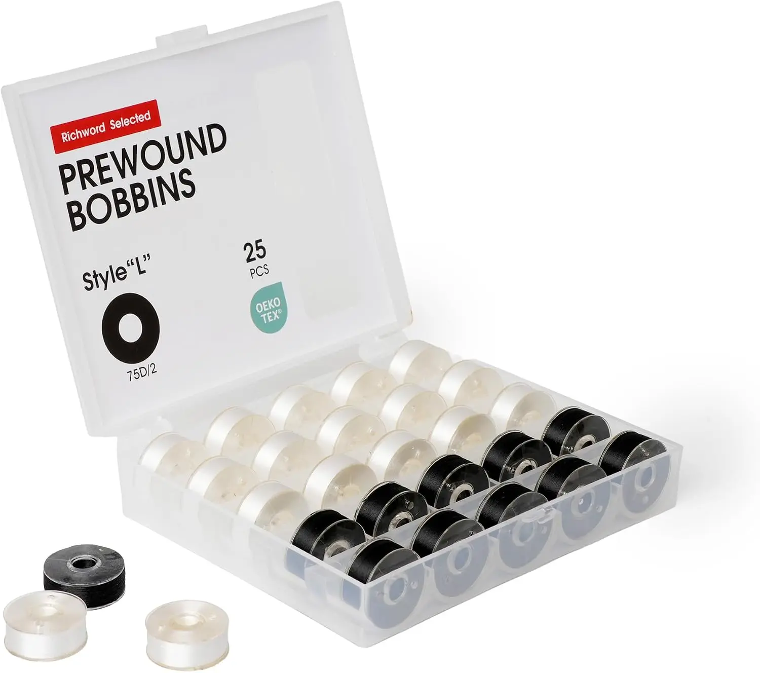 BAI L-Style (SA155) High-Volume Mixed Plastic-Sided Prewound Bobbins, 75D/2, 25 Pcs for Sewing Machines, Ideal for Embroidery Shops, Compatible With Sewing & Embroidery Machines, Pre-Wound Bobbin