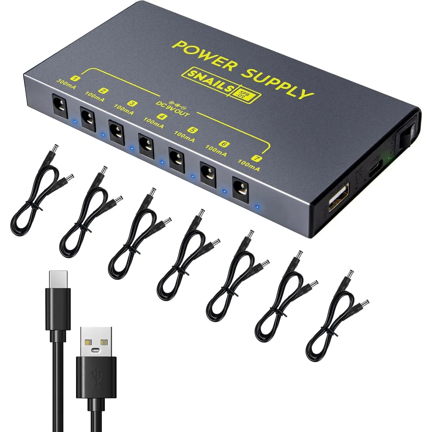 Portable Guitar Pedal Power Supply - 7 Isolated DC Outputs, 3.7V/10000mAh Rechargeable Battery, Short Circuit/Overcurrent Protection for 9V Guitar Bass Effect Pedals, Audio Equipment USB Adapter with Noise Reduction, Adjustable, Aluminium, Led Lights, Bri