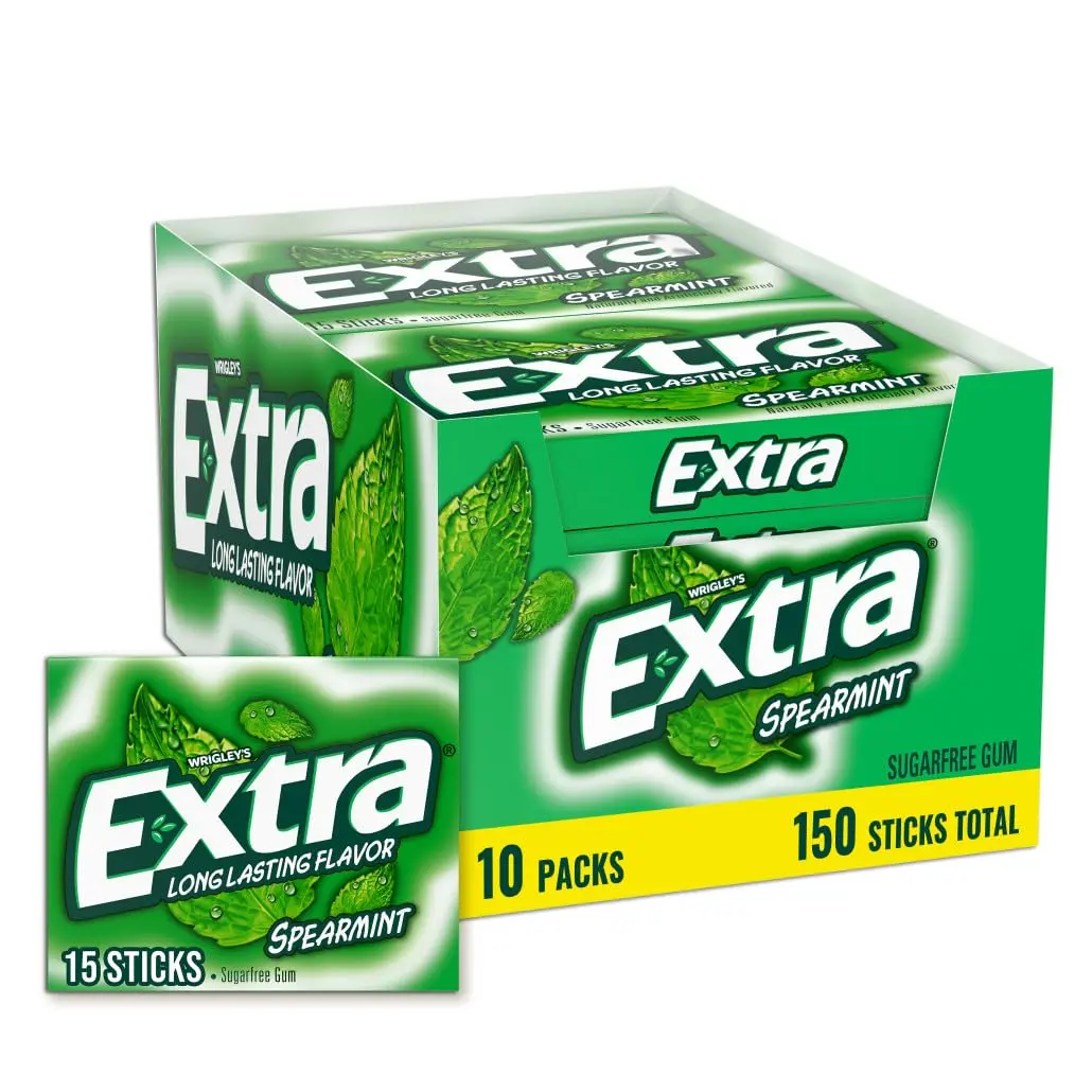 Extra Spearmint Sugar Free Chewing Gum Bulk Pack 15 pcs., 10 pk. Snack Flavor Xylitol Gum Extra Spearmint Sugar Free Chewing Gum Bulk Pack 15 pcs., 10 pk. Snack Flavor Xylitol Gum
