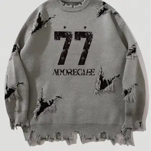 Men's Number 77 Pullover Sweaters Retro Long Sleeve Crew neck Pullover knitted Top, Stylish Game Day Design, Aesthetic Cool Warm Loose Fit Comfortable Jumper,Daily life,Hip-hop, Street wear, Going Out, Fall Winter Clothes